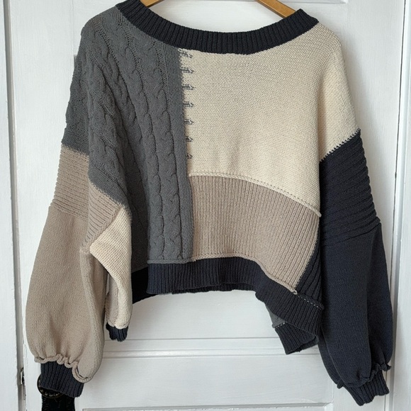 Vici Sweaters - VICI PATCHWORK OVERSIZED SLOUCHY TIE BACK SWEATER